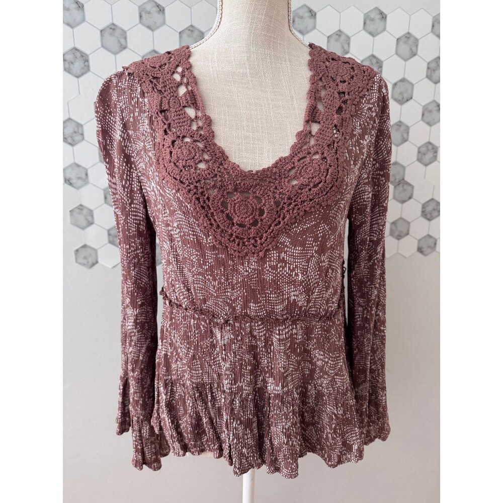 Bloomfield Women's Brown‎ Metallic Crochet Peasant Boho Blouse Size Medium
